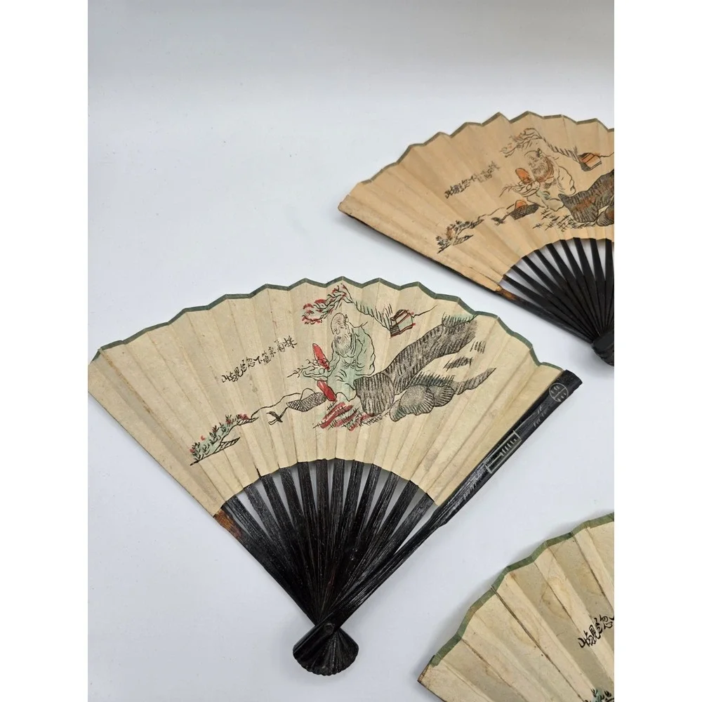 3 Lot Matching VTG Chinese Folding‎ Hand Fans Handmade Painted Rice/Bamboo Paper - Picture 3 of 16
